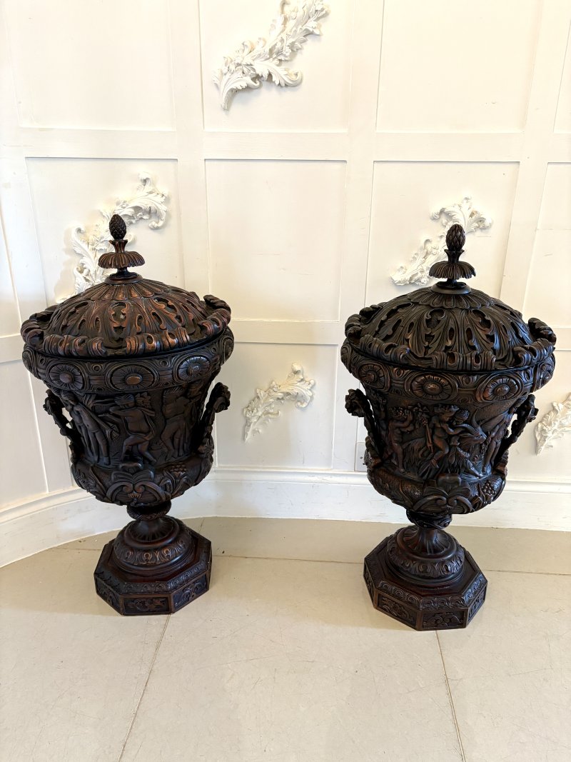 Large Magnificent Antique Pair of Carved Mahogany Urns